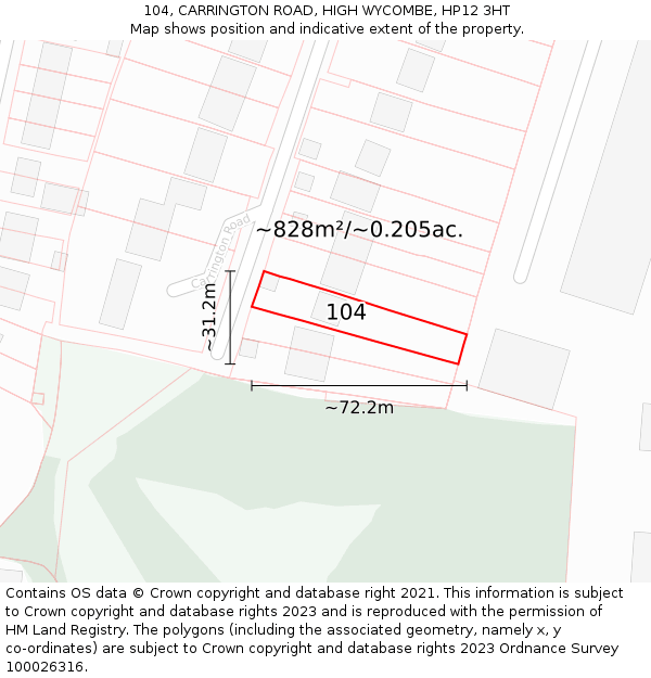 104, CARRINGTON ROAD, HIGH WYCOMBE, HP12 3HT: Plot and title map