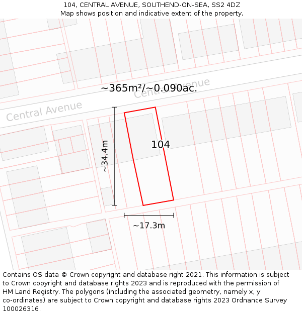 104, CENTRAL AVENUE, SOUTHEND-ON-SEA, SS2 4DZ: Plot and title map