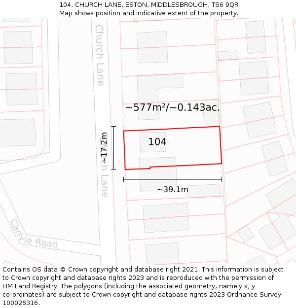 104, CHURCH LANE, ESTON, MIDDLESBROUGH, TS6 9QR: Plot and title map