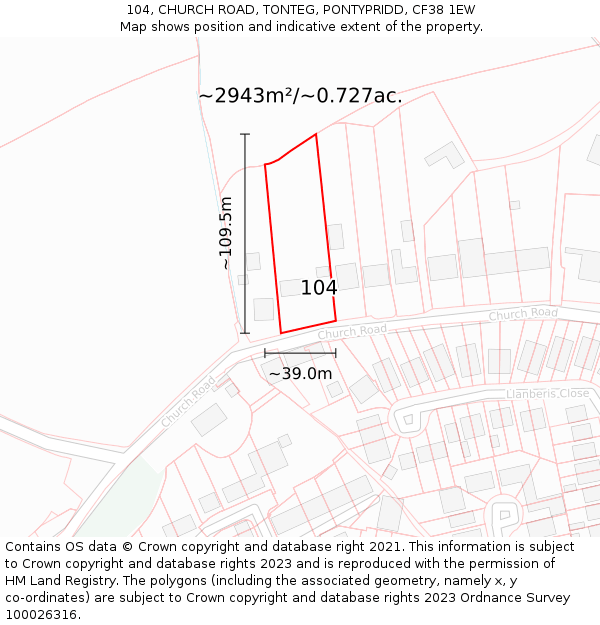 104, CHURCH ROAD, TONTEG, PONTYPRIDD, CF38 1EW: Plot and title map