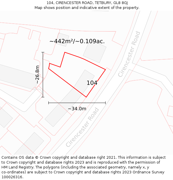 104, CIRENCESTER ROAD, TETBURY, GL8 8GJ: Plot and title map