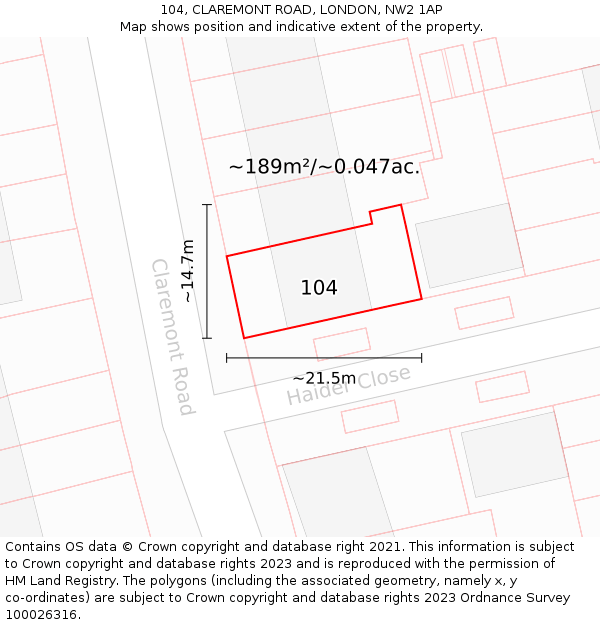 104, CLAREMONT ROAD, LONDON, NW2 1AP: Plot and title map