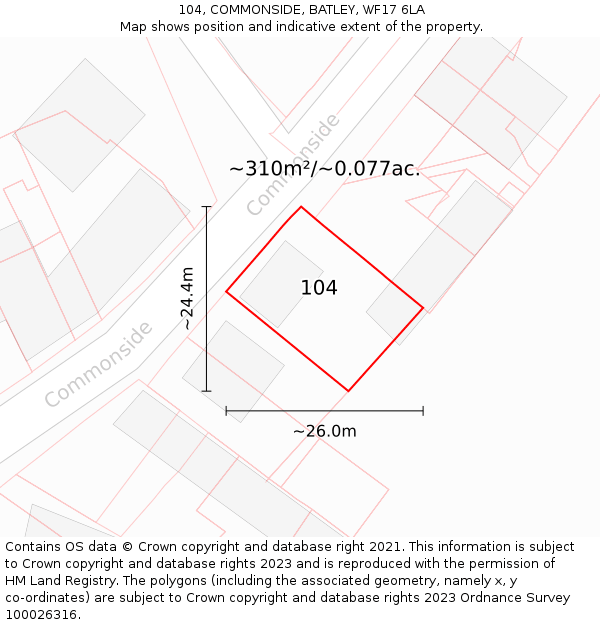 104, COMMONSIDE, BATLEY, WF17 6LA: Plot and title map