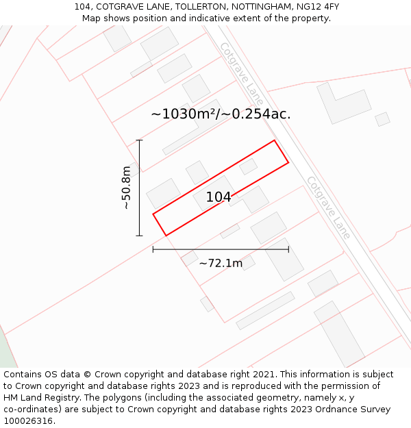 104, COTGRAVE LANE, TOLLERTON, NOTTINGHAM, NG12 4FY: Plot and title map