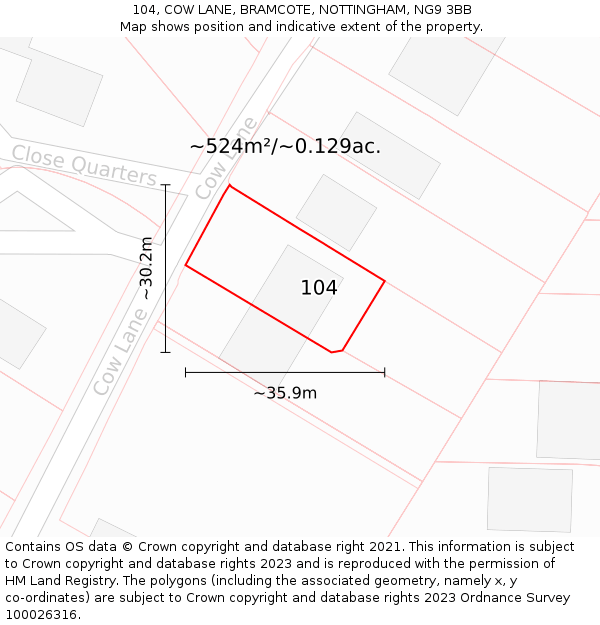 104, COW LANE, BRAMCOTE, NOTTINGHAM, NG9 3BB: Plot and title map