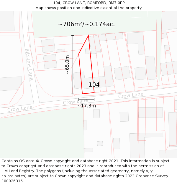 104, CROW LANE, ROMFORD, RM7 0EP: Plot and title map