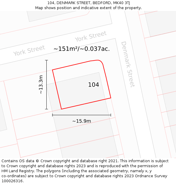 104, DENMARK STREET, BEDFORD, MK40 3TJ: Plot and title map