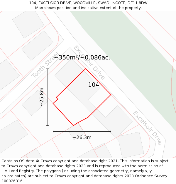 104, EXCELSIOR DRIVE, WOODVILLE, SWADLINCOTE, DE11 8DW: Plot and title map