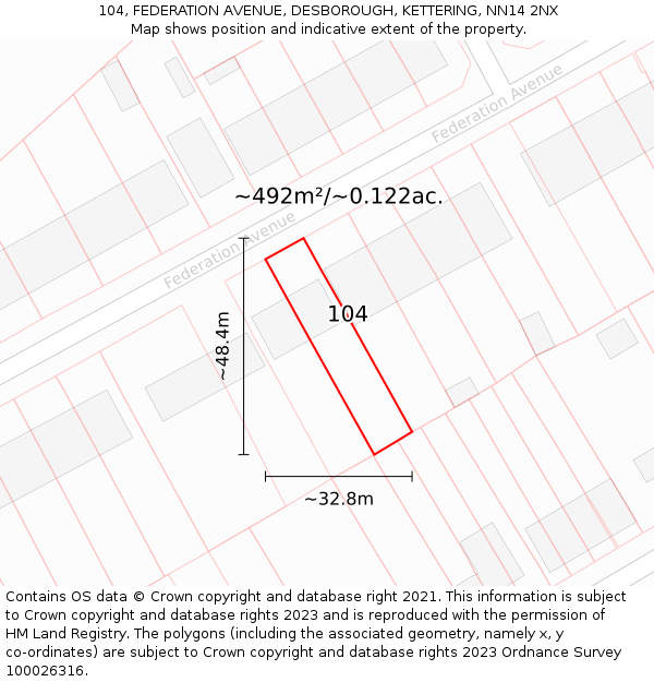 104, FEDERATION AVENUE, DESBOROUGH, KETTERING, NN14 2NX: Plot and title map