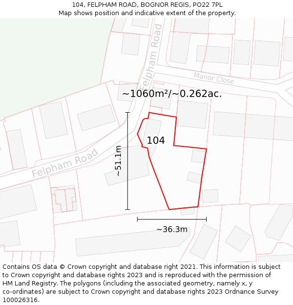 104, FELPHAM ROAD, BOGNOR REGIS, PO22 7PL: Plot and title map