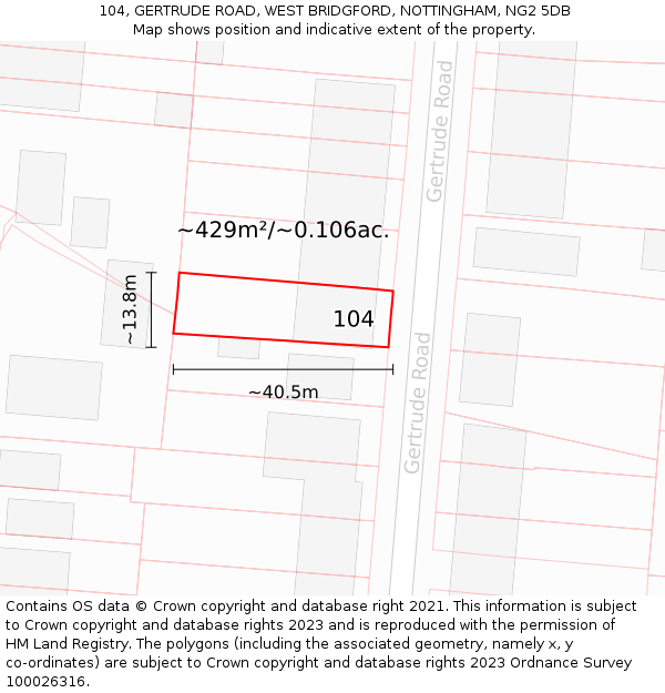 104, GERTRUDE ROAD, WEST BRIDGFORD, NOTTINGHAM, NG2 5DB: Plot and title map