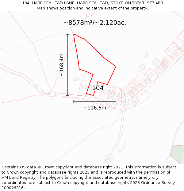 104, HARRISEAHEAD LANE, HARRISEAHEAD, STOKE-ON-TRENT, ST7 4RB: Plot and title map