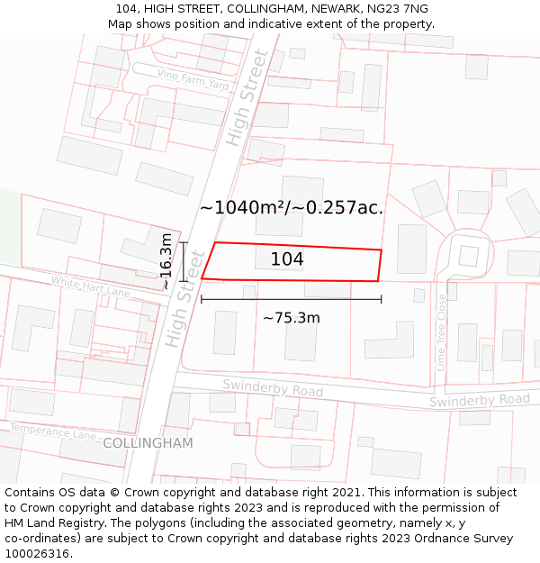 104, HIGH STREET, COLLINGHAM, NEWARK, NG23 7NG: Plot and title map