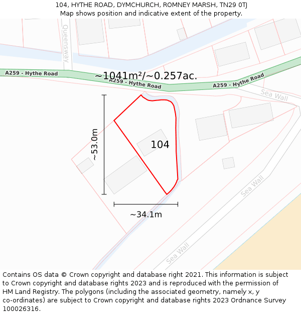 104, HYTHE ROAD, DYMCHURCH, ROMNEY MARSH, TN29 0TJ: Plot and title map