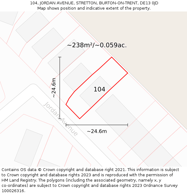 104, JORDAN AVENUE, STRETTON, BURTON-ON-TRENT, DE13 0JD: Plot and title map