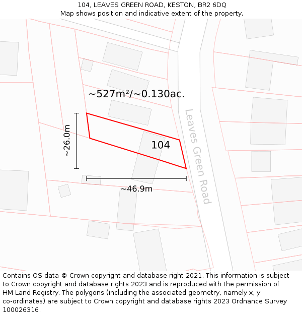 104, LEAVES GREEN ROAD, KESTON, BR2 6DQ: Plot and title map