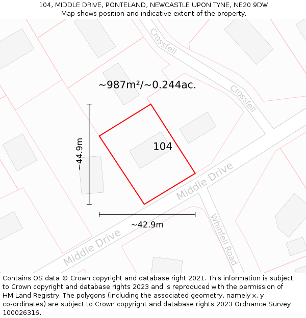 104, MIDDLE DRIVE, PONTELAND, NEWCASTLE UPON TYNE, NE20 9DW: Plot and title map