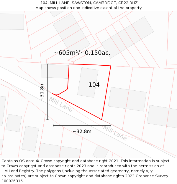 104, MILL LANE, SAWSTON, CAMBRIDGE, CB22 3HZ: Plot and title map