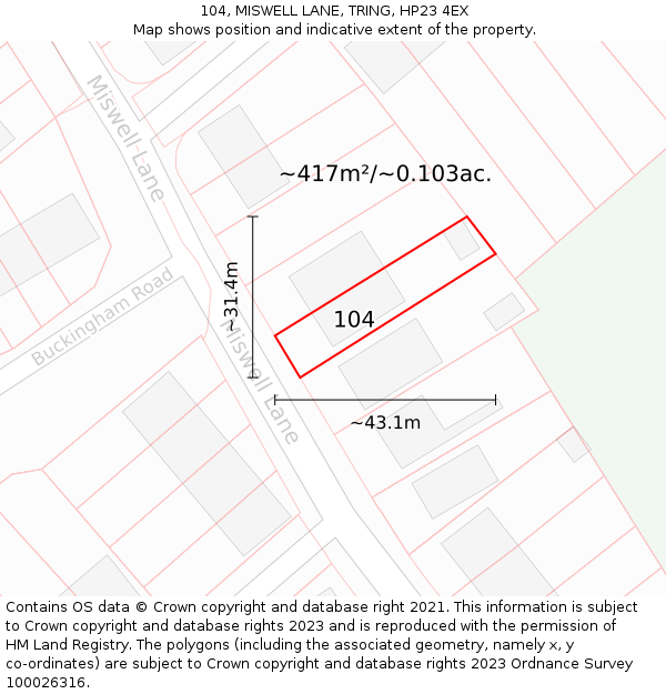 104, MISWELL LANE, TRING, HP23 4EX: Plot and title map