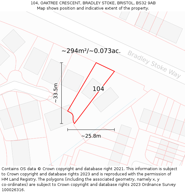 104, OAKTREE CRESCENT, BRADLEY STOKE, BRISTOL, BS32 9AB: Plot and title map