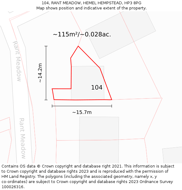 104, RANT MEADOW, HEMEL HEMPSTEAD, HP3 8PG: Plot and title map