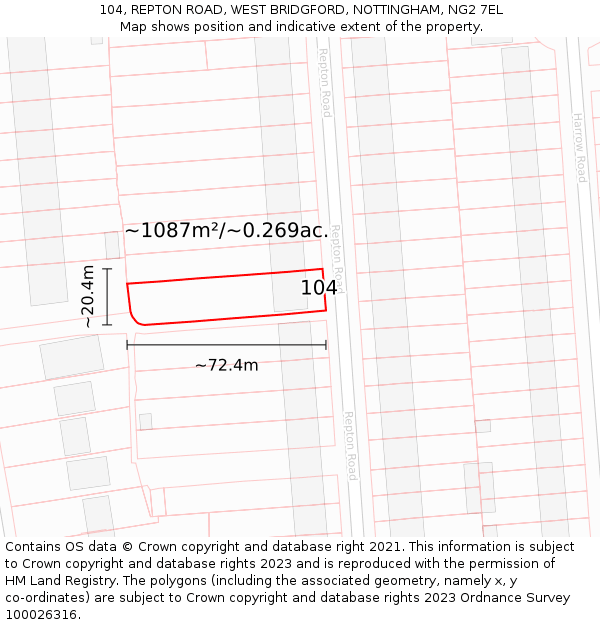 104, REPTON ROAD, WEST BRIDGFORD, NOTTINGHAM, NG2 7EL: Plot and title map