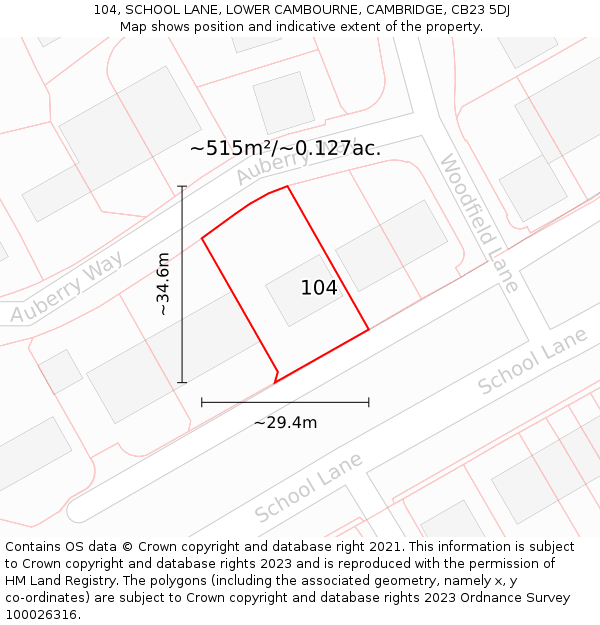 104, SCHOOL LANE, LOWER CAMBOURNE, CAMBRIDGE, CB23 5DJ: Plot and title map