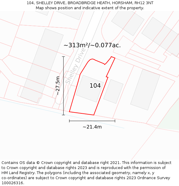 104, SHELLEY DRIVE, BROADBRIDGE HEATH, HORSHAM, RH12 3NT: Plot and title map