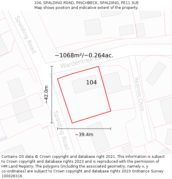 104, SPALDING ROAD, PINCHBECK, SPALDING, PE11 3UE: Plot and title map