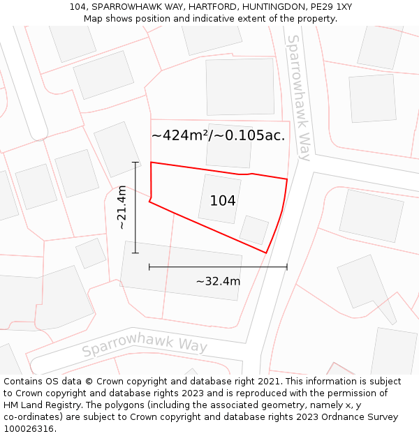 104, SPARROWHAWK WAY, HARTFORD, HUNTINGDON, PE29 1XY: Plot and title map