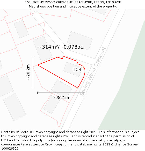 104, SPRING WOOD CRESCENT, BRAMHOPE, LEEDS, LS16 9GF: Plot and title map