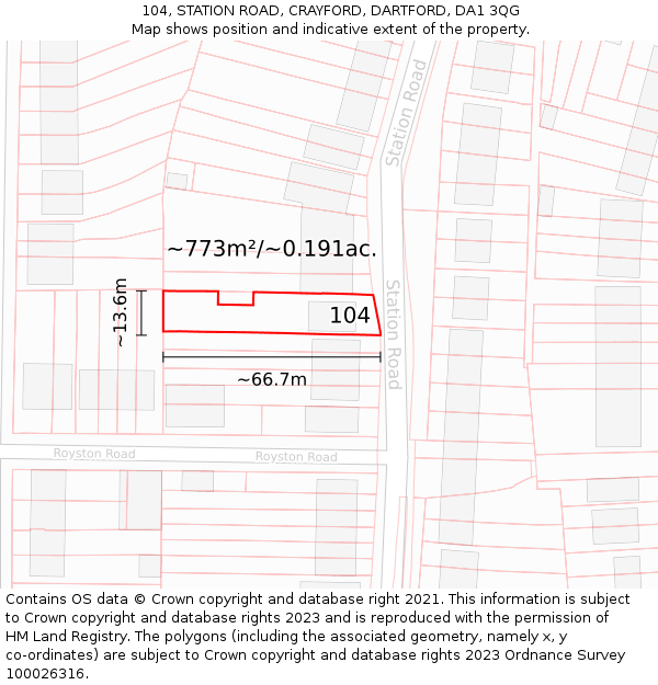 104, STATION ROAD, CRAYFORD, DARTFORD, DA1 3QG: Plot and title map