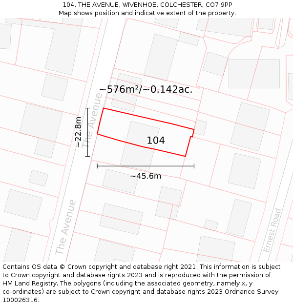 104, THE AVENUE, WIVENHOE, COLCHESTER, CO7 9PP: Plot and title map