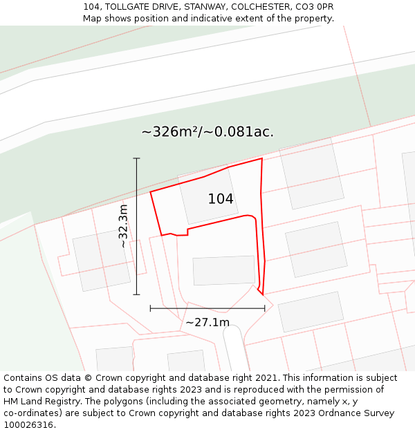 104, TOLLGATE DRIVE, STANWAY, COLCHESTER, CO3 0PR: Plot and title map