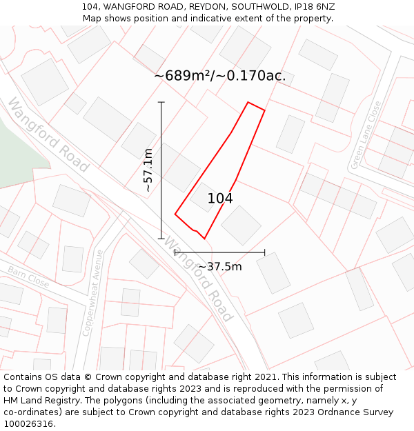 104, WANGFORD ROAD, REYDON, SOUTHWOLD, IP18 6NZ: Plot and title map