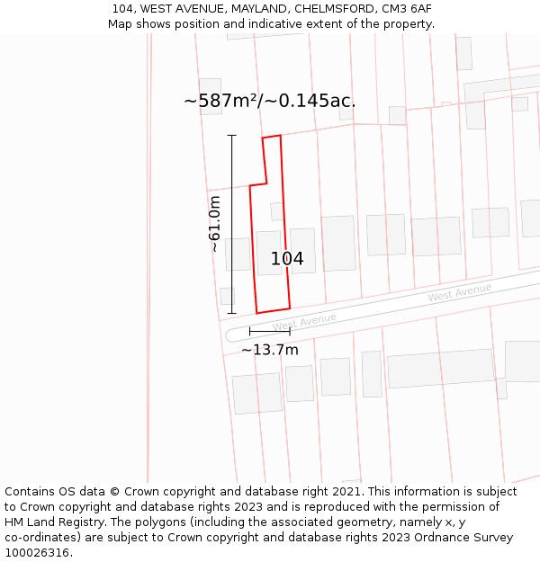 104, WEST AVENUE, MAYLAND, CHELMSFORD, CM3 6AF: Plot and title map