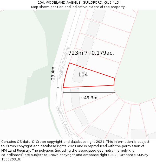 104, WODELAND AVENUE, GUILDFORD, GU2 4LD: Plot and title map