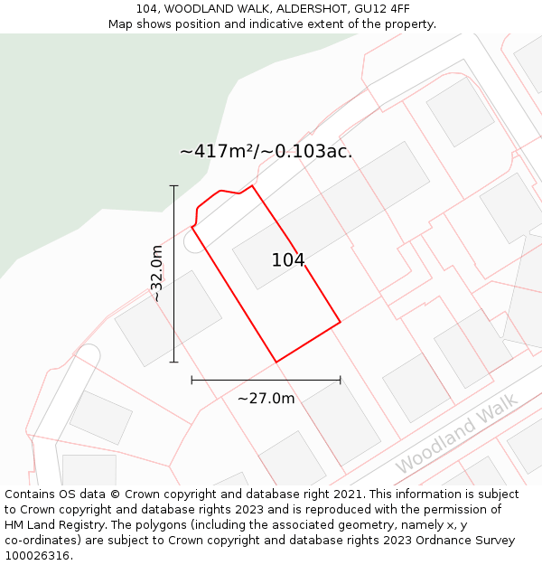 104, WOODLAND WALK, ALDERSHOT, GU12 4FF: Plot and title map