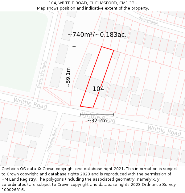 104, WRITTLE ROAD, CHELMSFORD, CM1 3BU: Plot and title map