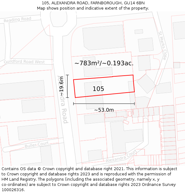 105, ALEXANDRA ROAD, FARNBOROUGH, GU14 6BN: Plot and title map