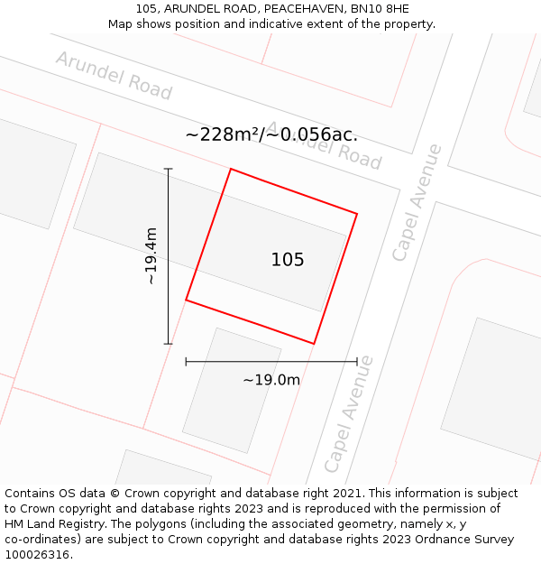 105, ARUNDEL ROAD, PEACEHAVEN, BN10 8HE: Plot and title map