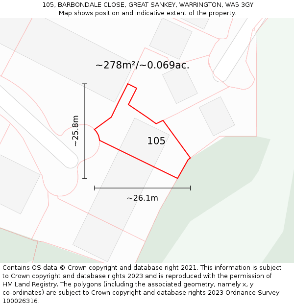 105, BARBONDALE CLOSE, GREAT SANKEY, WARRINGTON, WA5 3GY: Plot and title map