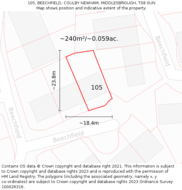 105, BEECHFIELD, COULBY NEWHAM, MIDDLESBROUGH, TS8 0UN: Plot and title map