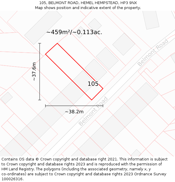 105, BELMONT ROAD, HEMEL HEMPSTEAD, HP3 9NX: Plot and title map