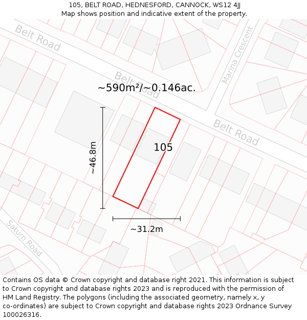 105, BELT ROAD, HEDNESFORD, CANNOCK, WS12 4JJ: Plot and title map