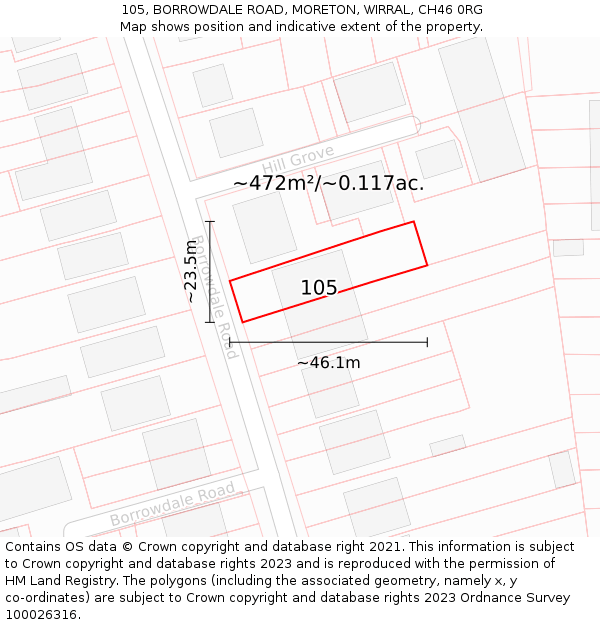 105, BORROWDALE ROAD, MORETON, WIRRAL, CH46 0RG: Plot and title map