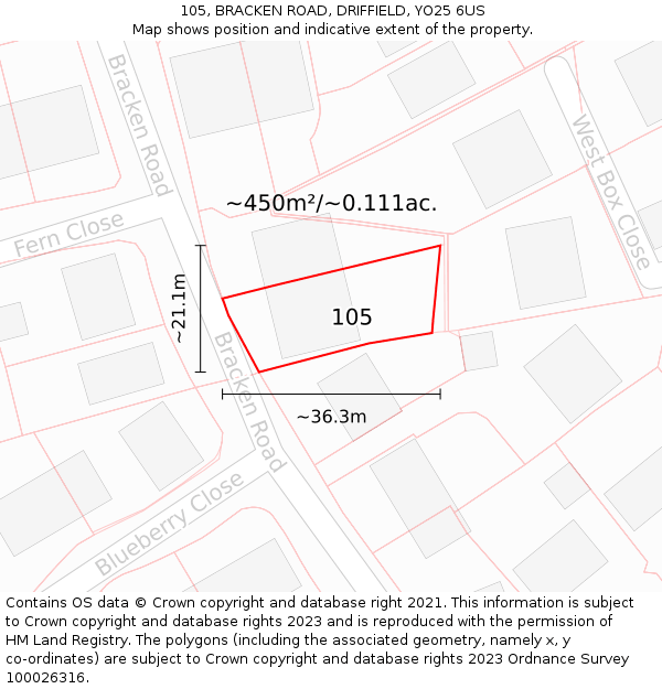 105, BRACKEN ROAD, DRIFFIELD, YO25 6US: Plot and title map