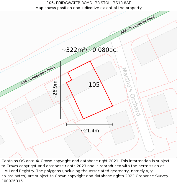 105, BRIDGWATER ROAD, BRISTOL, BS13 8AE: Plot and title map