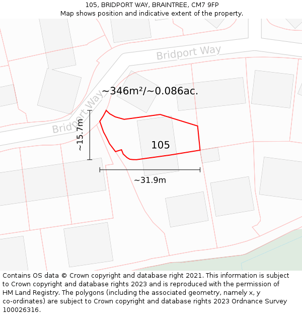 105, BRIDPORT WAY, BRAINTREE, CM7 9FP: Plot and title map