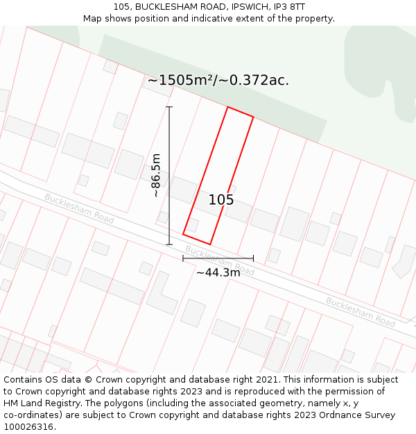 105, BUCKLESHAM ROAD, IPSWICH, IP3 8TT: Plot and title map